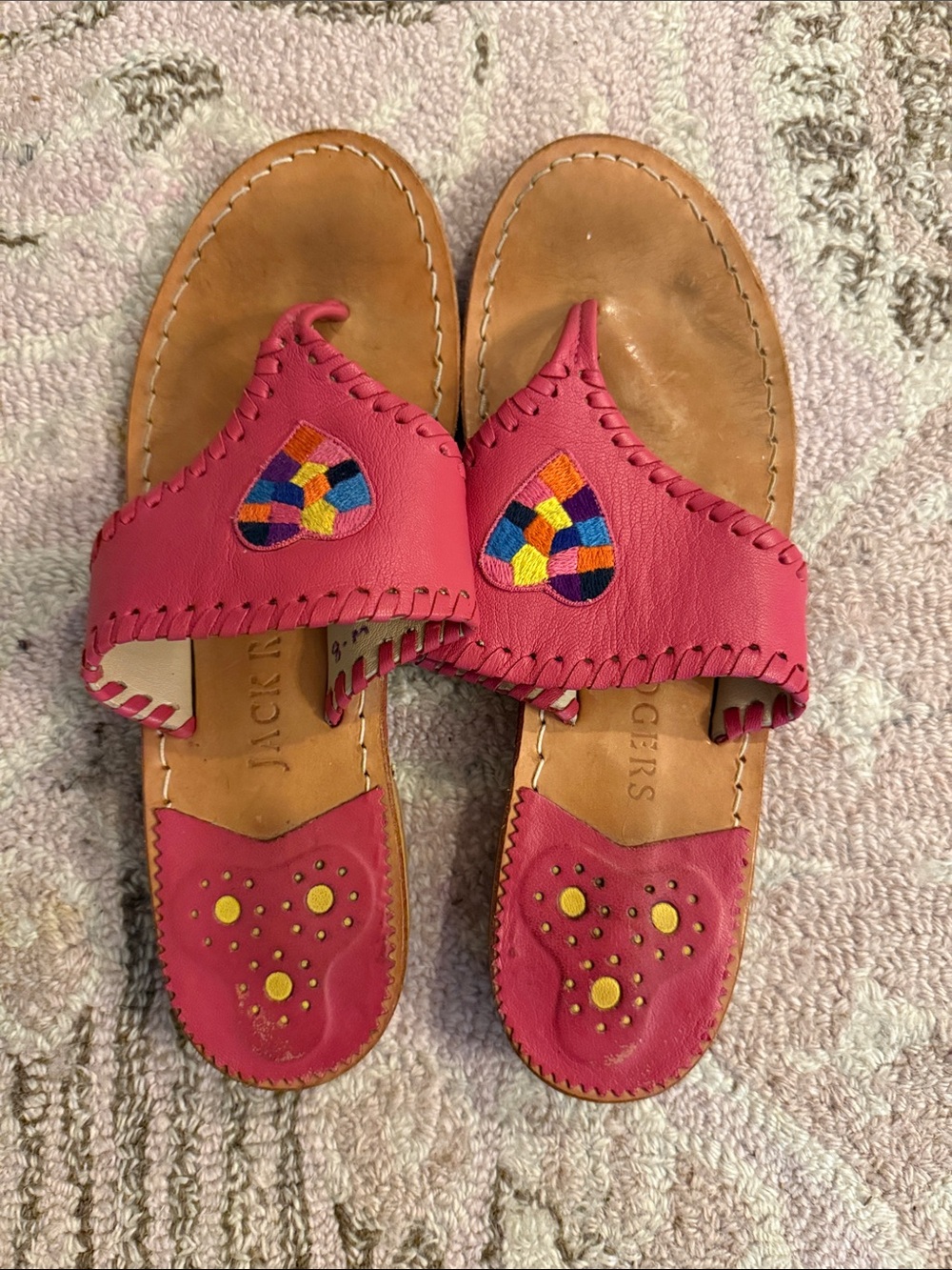 Hot pink Jack Rogers with embroidered patchwork heart